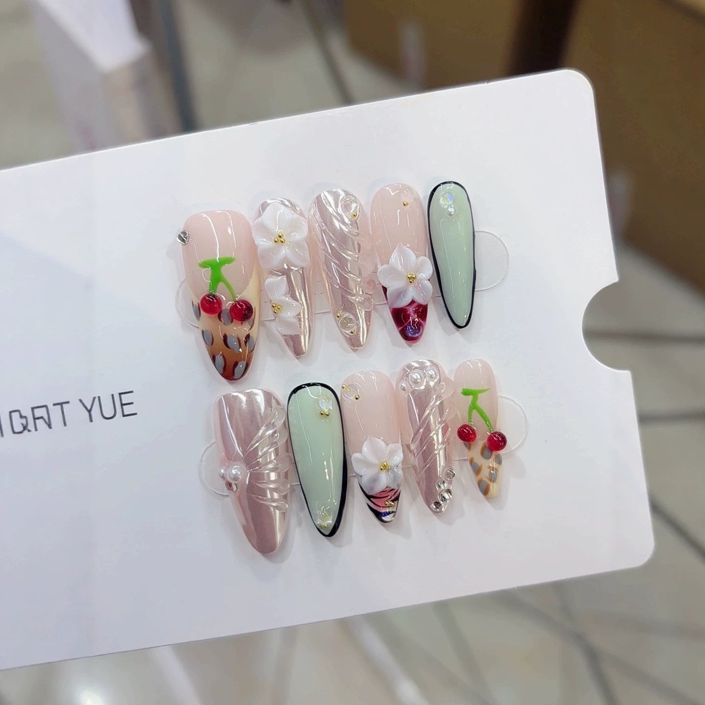 Purely handmade, re-used European-style B334 fresh and youthful handcrafted nail pieces. Three-dimensional cherry design.