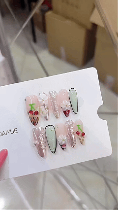 Purely handmade, re-used European-style B334 fresh and youthful handcrafted nail pieces. Three-dimensional cherry design.