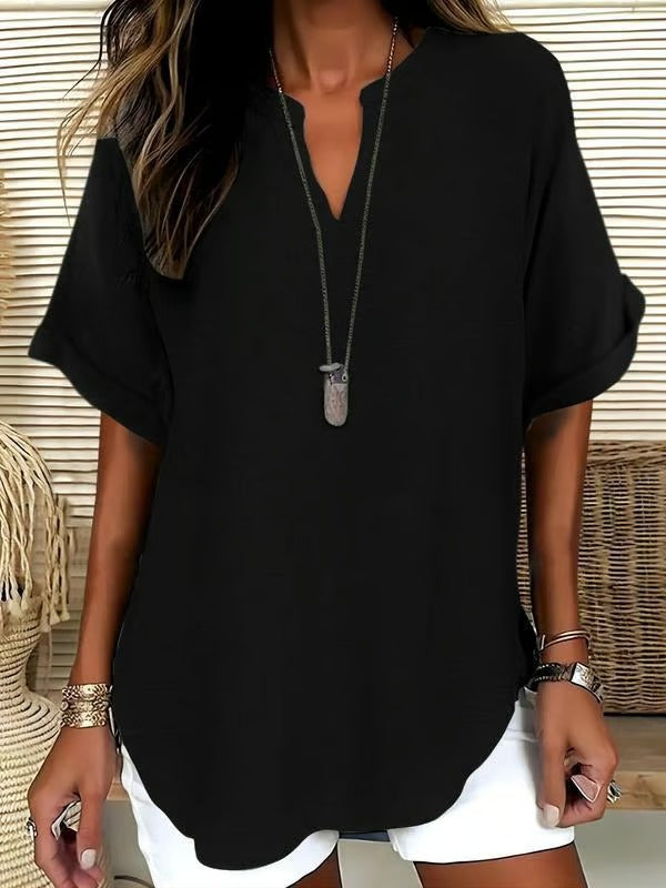 🔥Women's Plain Short Sleeve Blouse, Casual Solid Color Top for Daily Wear, Ladies Clothes for All Seasons