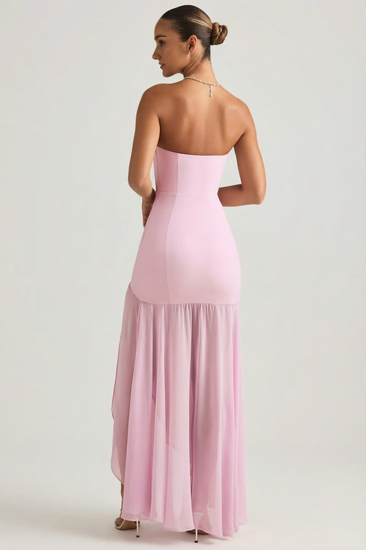 Asymmetric Strapless Fishtail Maxi Dress in Soft Pink