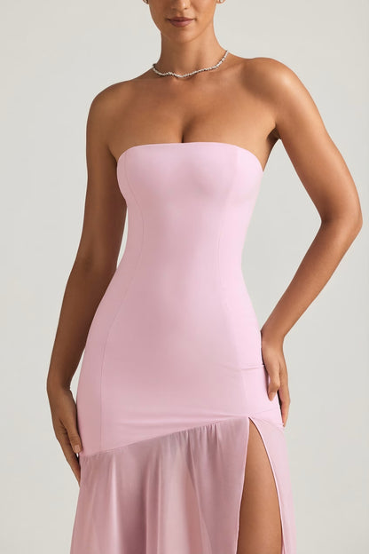 Asymmetric Strapless Fishtail Maxi Dress in Soft Pink