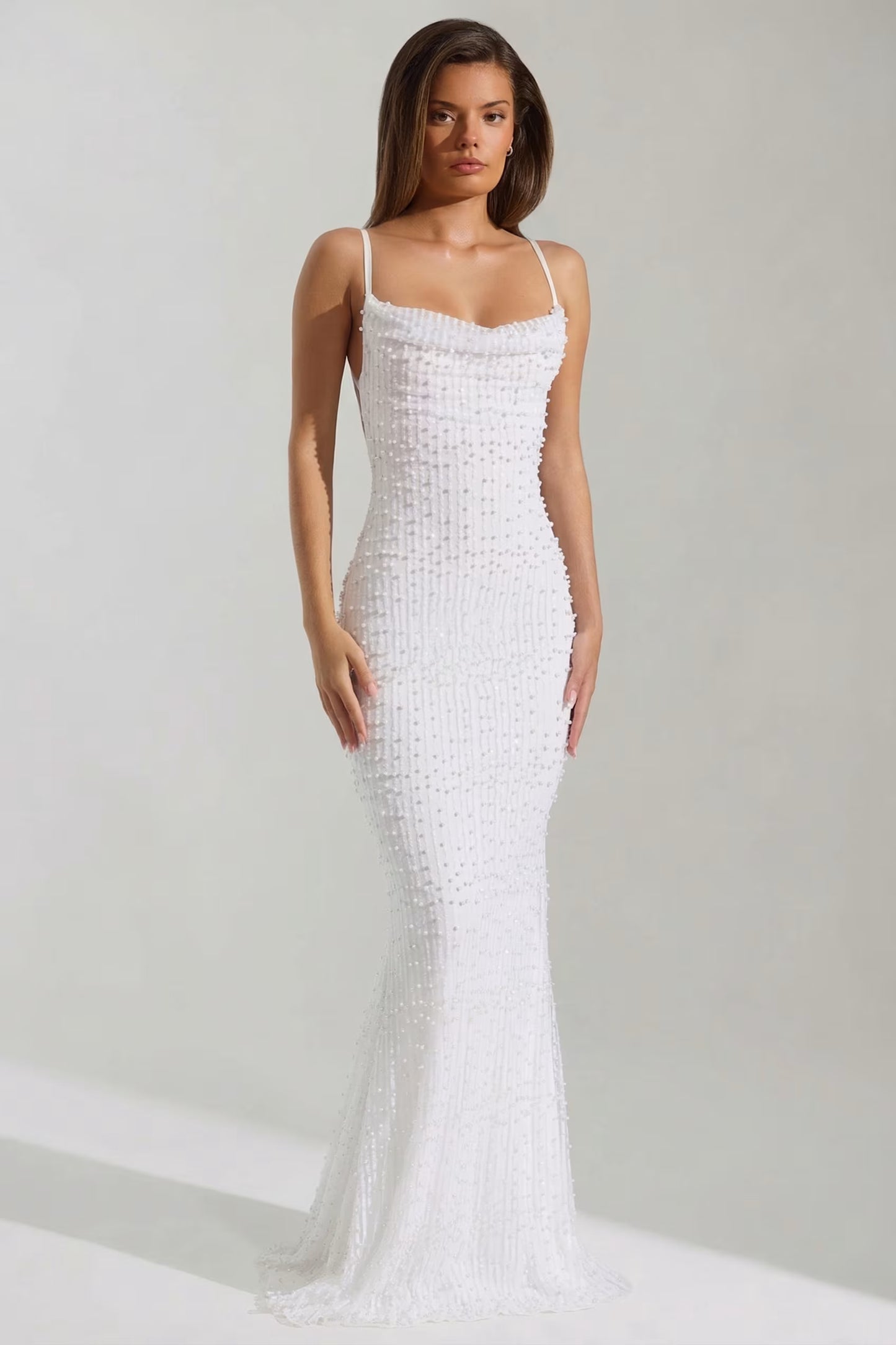 Embellished Cowl-Neck Backless Maxi Dress in White